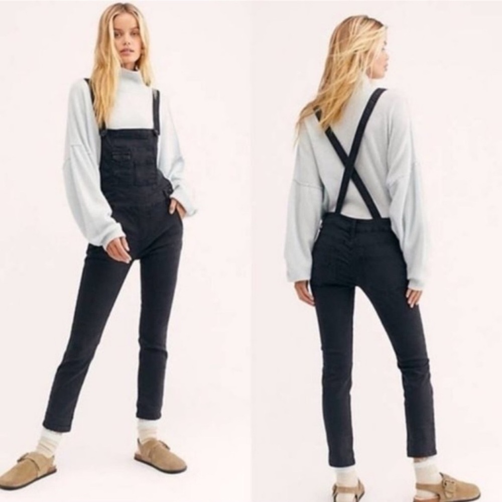 Free People Through The Woods Stretch Denim Overalls Washed Black Size 26